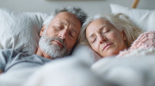 Elderly couple sleeping peacefully in bed with soft bedding - Powered by Adobe