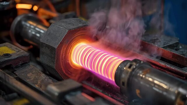 Medium shot of tubular metal being heated through induction hardening system showing electric coil wrapped tightly around the tube for deep hardening
