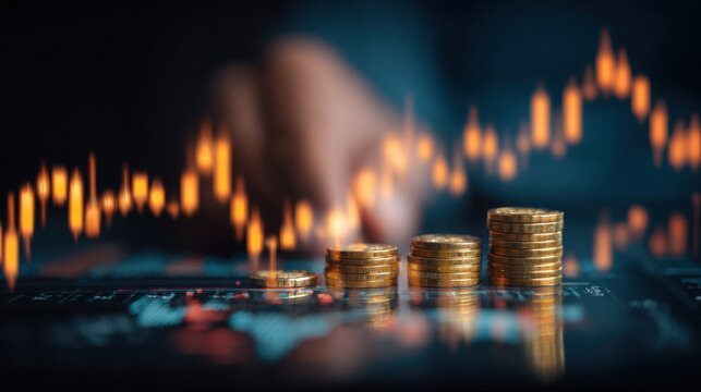 Financial growth with coins and stock market chart
