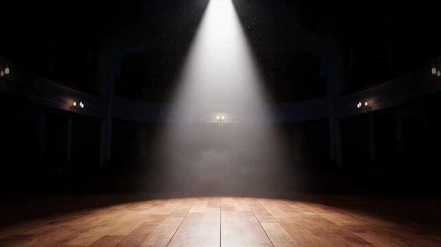 Dramatic Spotlight Illuminates an Empty Wooden Theater Stage with Red Curtains.