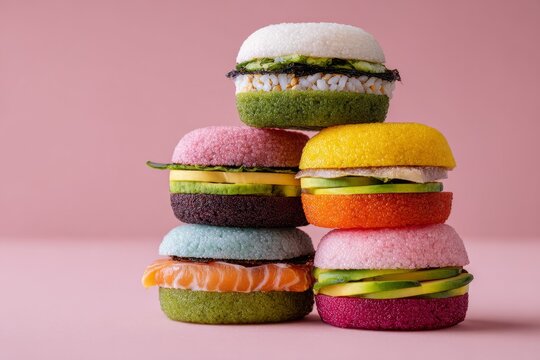 Stack of colorful donuts with icing and sprinkles on a white plate top view