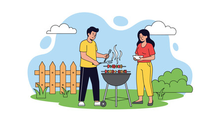 Fototapeta premium A happy couple enjoys cooking skewered food on a charcoal grill during a casual outdoor summer barbecue in their backyard.