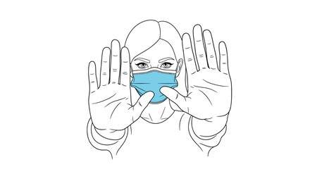 A woman wearing a blue medical face mask holds her hands up in a stop gesture, emphasizing health and safety measures.