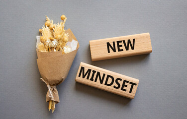 Mindset symbol. Wooden blocks with words New Mindset. Beautiful grey background. Business and New Mindset concept. Copy space.