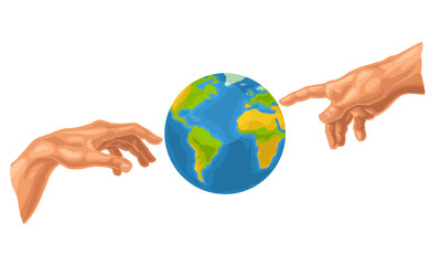 Male finger pointing and god hand touch earth planet globe. Vector color illustration isolated on a white. For web, poster, info graphic