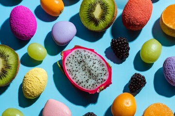 Assorted fresh fruits including apples bananas and grapes on a blue surface background