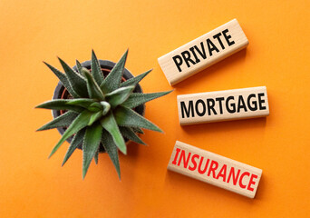 Private Mortgage Insurance symbol. Wooden blocks with words Private Mortgage Insurance. Beautiful orange background with succulent plant. Business concept. Copy space.