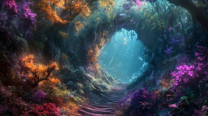 Fototapeta premium A stunning forest pathway, bathed in warm golden sunlight, creates a truly magical and enchanting atmosphere