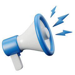 Modern 3d illustration of a blue and white megaphone emitting bright blue lightning bolts isolated on transparent background
