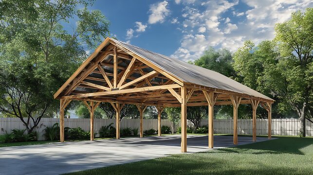 Wooden Pavilion with Metal Roof on Concrete Slab, Suburban Setting