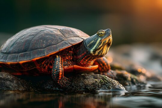 Painted Turtle Resting on Rocks in Golden Hour Light Image - Powered by Adobe