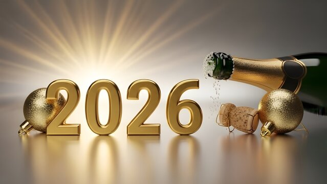 Golden "2026" New Year Numerals with Uncorked Champagne and Shimmering Ornaments on Gradient Background

