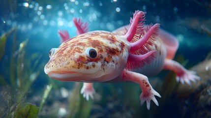 Fototapeta premium Pink axolotl with red gills swims in murky water with plants Image