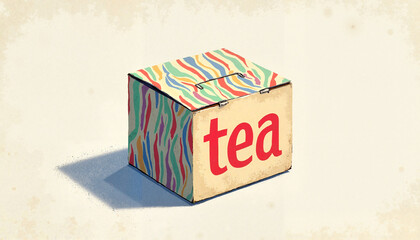 Colorful tea box with vibrant design on a neutral background