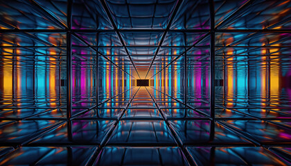 Infinite Futuristic Neon Lit Corridor With Reflective Surfaces And Geometric Structure Illuminated By Blue Pink Orange Lights Creating A Sense Of Depth And Modern Technology