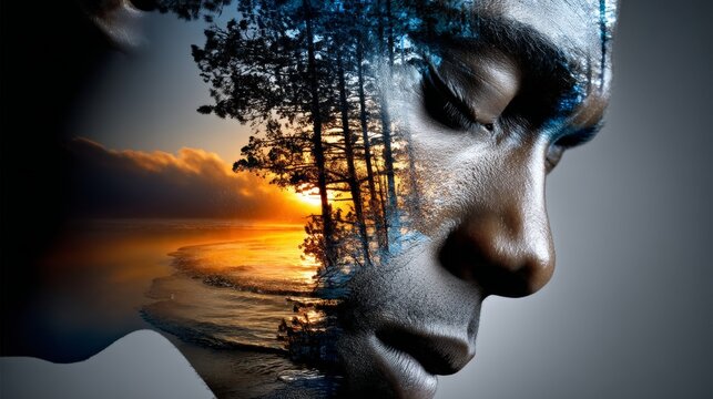 A serene moment captured in a blend of nature and human emotion. This artistic photograph combines an individual with a stunning landscape. It represents introspection and beauty. AI