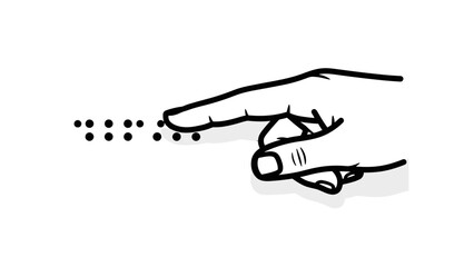 A close-up illustration shows a human index finger touching raised dots representing braille text on a white background.