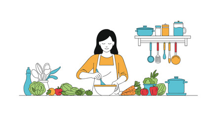 A happy woman in an apron prepares a healthy meal, surrounded by fresh vegetables and kitchen utensils on a clean countertop.