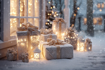 Christmas presents with glowing ribbons on frosty porch