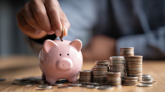 Person saving money in piggy bank with coin stacks
