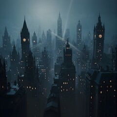 Obraz premium Gothic Victorian City Skyline with Clock Towers and Illuminated Windows in Misty Night Atmosphere