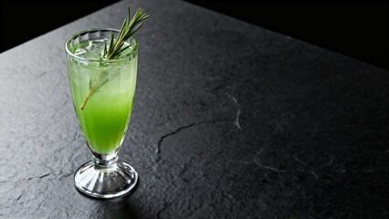 Green cocktail with a rosemary twig in a glass on a black marble surface