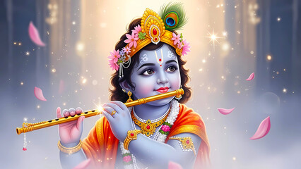 Enchanting portrayal of Krishna playing his golden flute adorned with flowers and gems soft ethereal