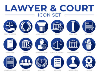 Lawyer and Court Round Blue White  Icon Set. Law Firm, Serving Justice, Honor, Legal Court, Contract, Code, Expertise, Scales of Equality, Building, Judge, Document, Notary Seal, Prestige Icons.