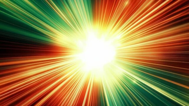 Dynamic abstract light burst with vivid red and green rays expanding energetically