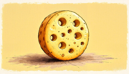 Round cheese wheel with big holes in a sketch style on a light background