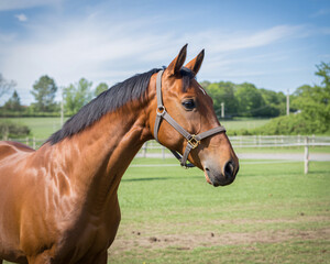 Obraz premium Majestic chestnut horse portrait standing gracefully on grassy field, embodying strength and freedom on a bright sunny day, perfect for equine enthusiasts