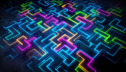 Abstract Digital Maze Pattern with Neon Blue Pink and Green Glowing Lines and Small Particles on a Dark Textured Background illuminated by Vibrant Electric Light
