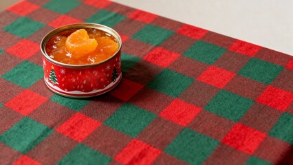 Orange marmalade in a glass jar on a festive checkered tablecloth
