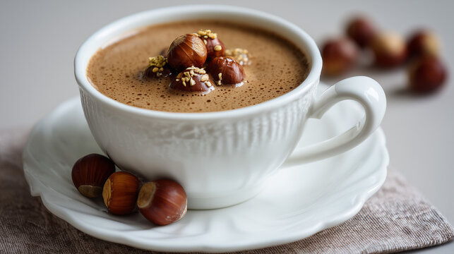 Bebida caf&eacute; espumosa de chocolate servida en taza blanca con avellanas enteras y semillas crujientes, sobre servilleta beige, ideal para contenido gourmet, casero y est&eacute;tico con enfoque en textura.