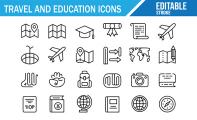 Tourism and Education Outline Icons with Location, Certificate and Backpack