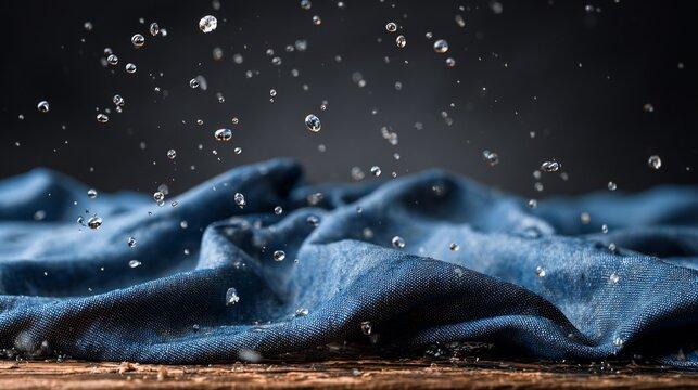 Falling droplets over rumpled blue cloth on wood against a dark backdrop