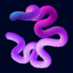 Abstract fluffy neon purple worm shape on dark blue background
