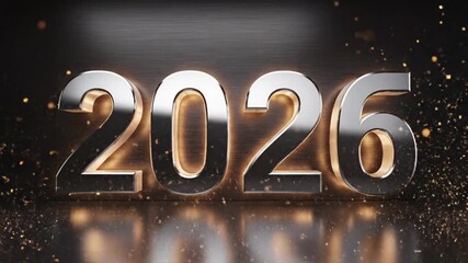 Metallic, gleaming numbers '2026' are spectacularly illuminated with a vibrant golden glow, casting warm reflections on a sleek, dark brushed metal surface. Thousands of shimmering, golden particles e - Powered by Adobe
