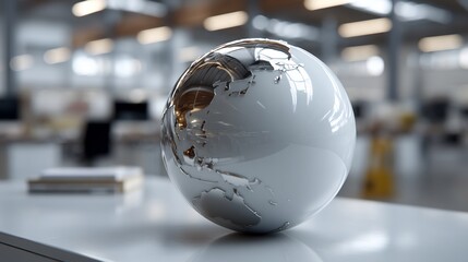 Global perspective silver globe on office desk symbolising international business