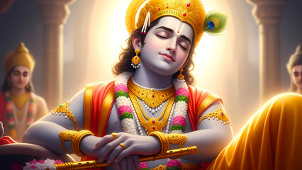 Serene Lord Krishna meditating with his flute and radiant aura captured in a spiritual awakening