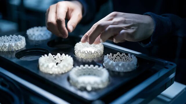 Medium shot of a designer adjusting intricate 3Dprinted molds showcasing the precision and complexity achievable with advanced additive manufacturing techniques.