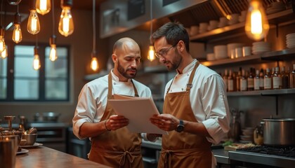 Two chefs wearing aprons examine document in modern restaurant kitchen. They collaborate on menu planning, strategy. Staff discusses culinary preparation, order details. Teamwork in food service.