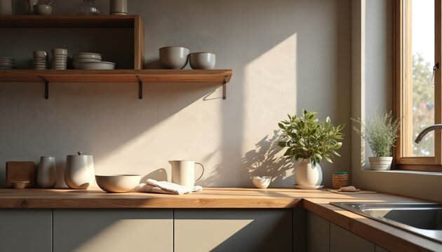 Modern kitchen interior design features light wood countertop, open shelves with ceramic dishes. Natural sunlight from window casts warm shadows on wall. Green plants add fresh decor to cozy