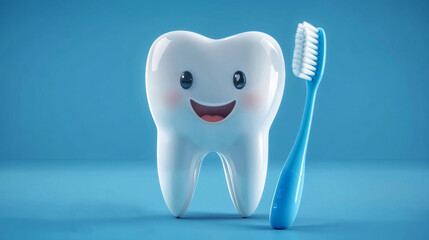 A shiny white tooth next to a bright toothbrush on a sparkling blue background, ideal for dental care imagery