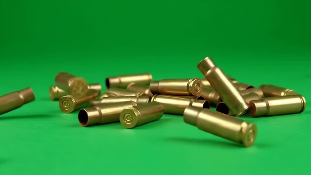 Empty Bullet Shell Casings Falling in Slow Motion on Green Screen.