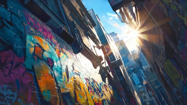 Sunlight Illuminates Vibrant Urban Graffiti in a Narrow City Alleyway - Powered by Adobe