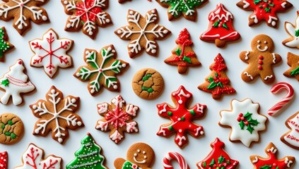 A festive assortment of decorated Christmas cookies and sugar cookies arranged on a light background, featuring stars, trees, and shapes with colorful icing and sprinkles.