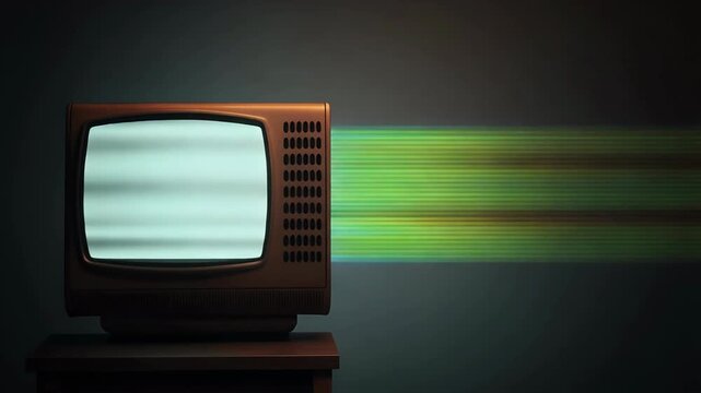 Retro television with static screen emitting colorful horizontal lines.