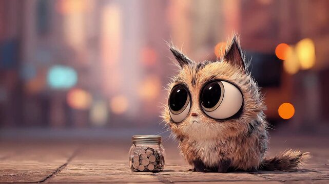 Fluffy, wide-eyed owlet peers at a tiny coin jar on a dim street at night. Moonlit path glows softly