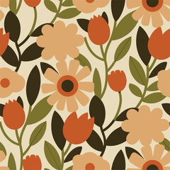 Seamless Retro Floral Pattern with Vintage Style Flowers Illustration